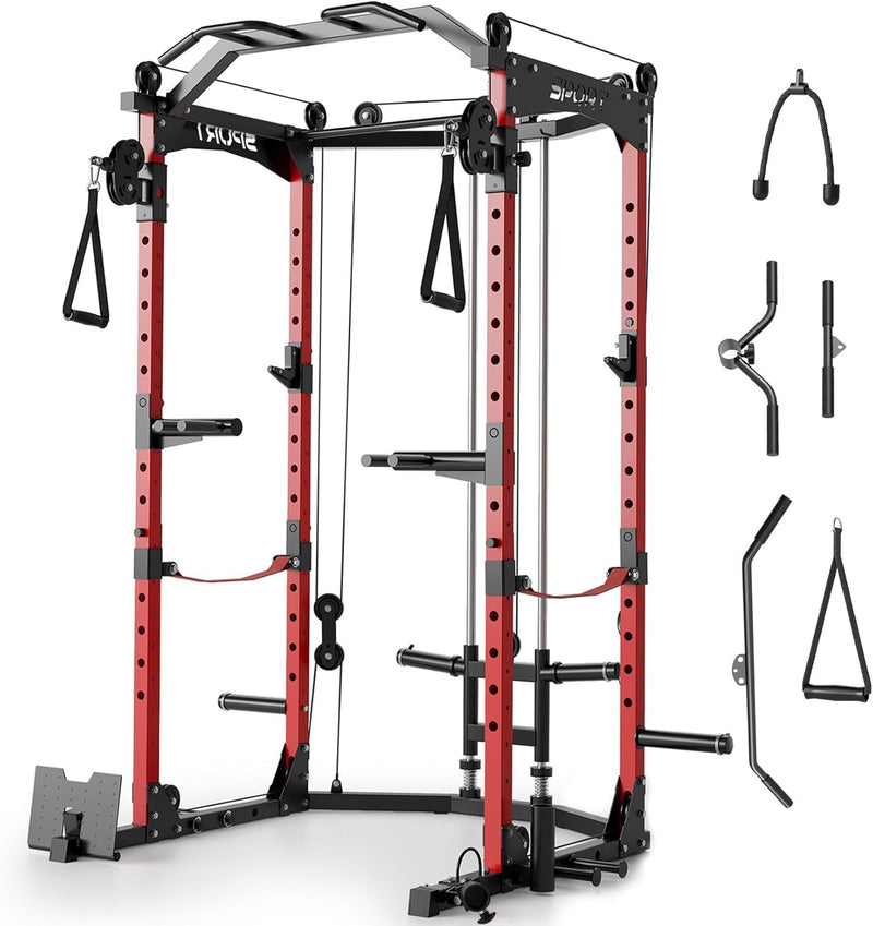 Power Cage,2000LBS Adjustable Multi-Functional Power Racks, Dual Pulley Cable System, Squat Rack for Strength Fitness, with More Training Attachment for Home Gym O0