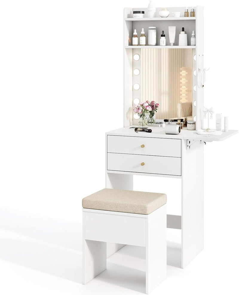 Small Vanity Desk with Mirror and Lights, Makeup Vanity Table with Charging Station, Drawers, Shelves, Foldable Side Table, Compact Dressing Table with Storage Chair for Small Space (White) S2