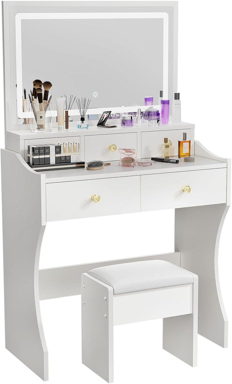 Makeup Table with Extra Large Mirror and Lights, 80cm Dressing Table with Stool H7