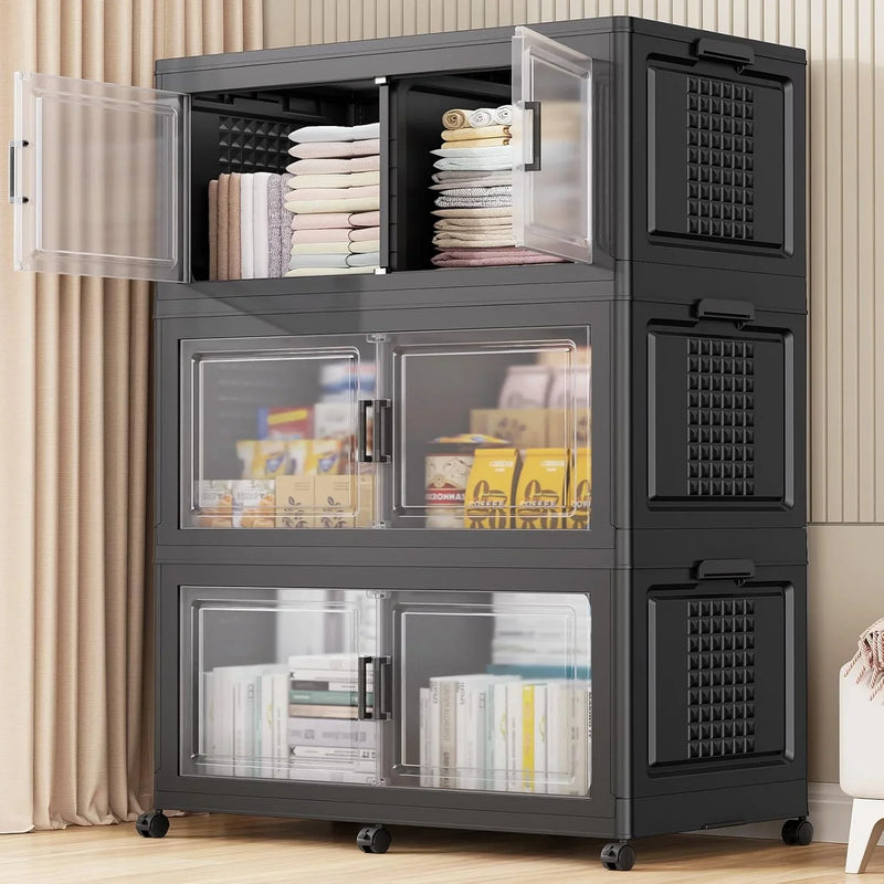 200Gal Extra Large Plastic Storage Bins with Lid & Wheels, Stackable Collapsible Bins with Dividers, Cube Closet Organizers and Storage Cabinet Shelves Box Roomy for Home Kitchen,4Pack White E4