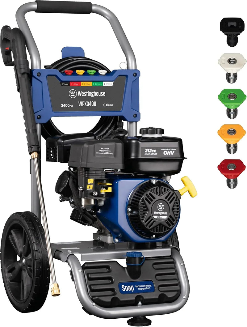 WPX3400 Gas Pressure Washer, 3400 PSI and 2.6 Max GPM, Onboard Soap Tank, Spray Gun and Wand, 5 Nozzle Set, for Cars/Fences/Driveways/Homes/Patios/Furniture D4