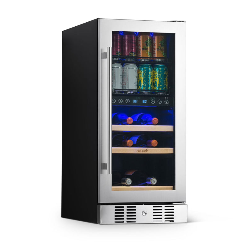 Newair 15 Dual Zone Beverage Cooler with Removable Beech Wood Shelves, Stainless Steel B4