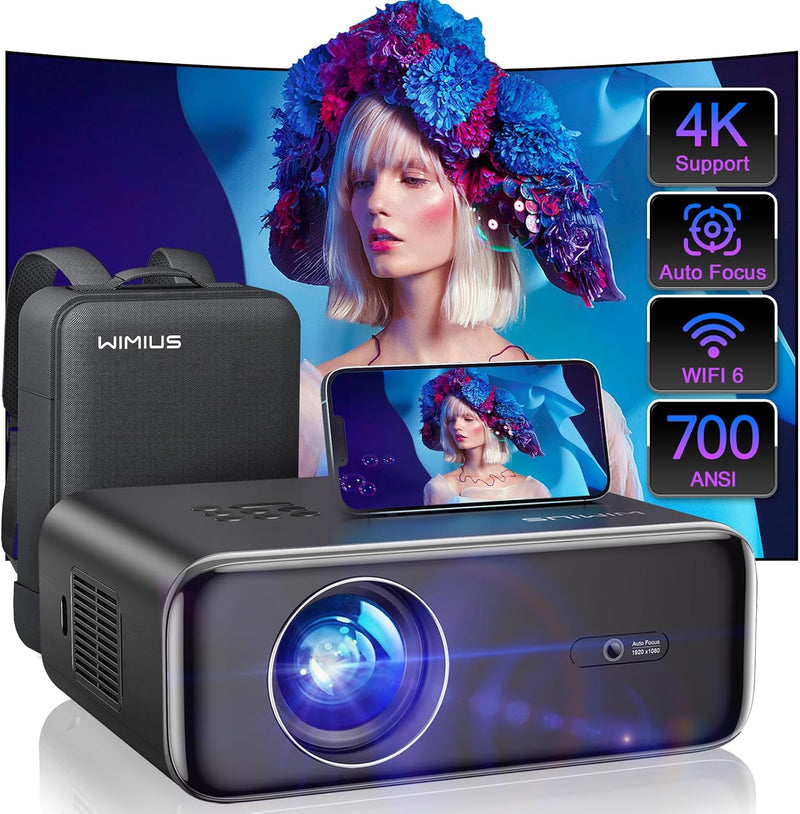 [Auto Focus/4K Support] Projector with WiFi 6 and Bluetooth 5.2, 700ANSI Native 1080P Outdoor Movie Projector, WiMiUS P62 Auto 6D Keystone & 50% Zoom, Smart Home Projector for iOS/Android/TV Stick X3