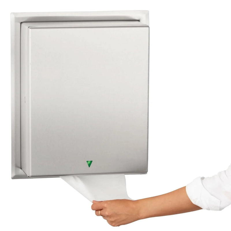 Automatic roll towel dispenser, semi-integrated design, matte stainless steel material, adjustable sensor, LED light guide, no contact operation, AC adapter/battery power supply, universal roll towel compatibility Q5