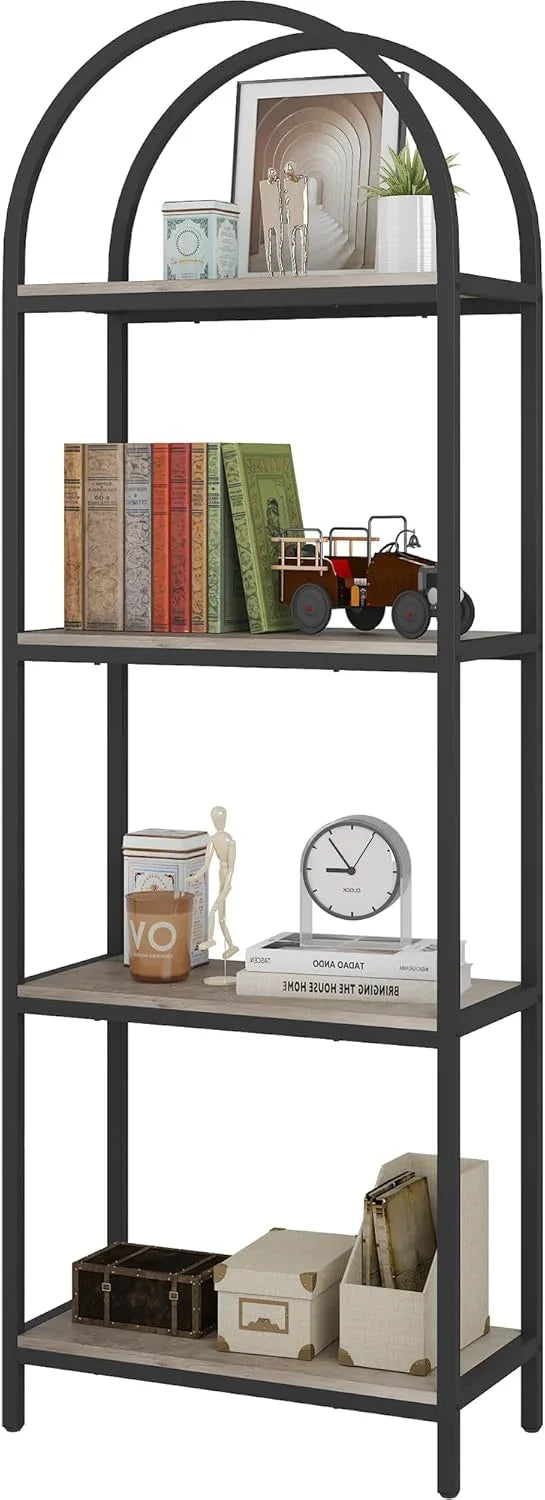 Yusong Bookshelf Rattan Arched Bookcase, 74" Tall Industrial Open Book Shelves for Living Room, Modern Freestanding Boho 5 Tier Display Storage Rack with Metal Frame, Office, Bedroom, Burlywood W5