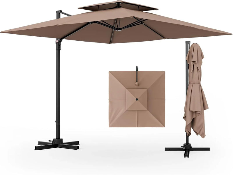 9.5-foot cantilevered patio umbrella, outdoor square offset umbrella, 360° rotatable, double-structured heavy-duty patio hanging umbrella, with cross base, suitable for gardens, patios, swimming pools and backyards. C4