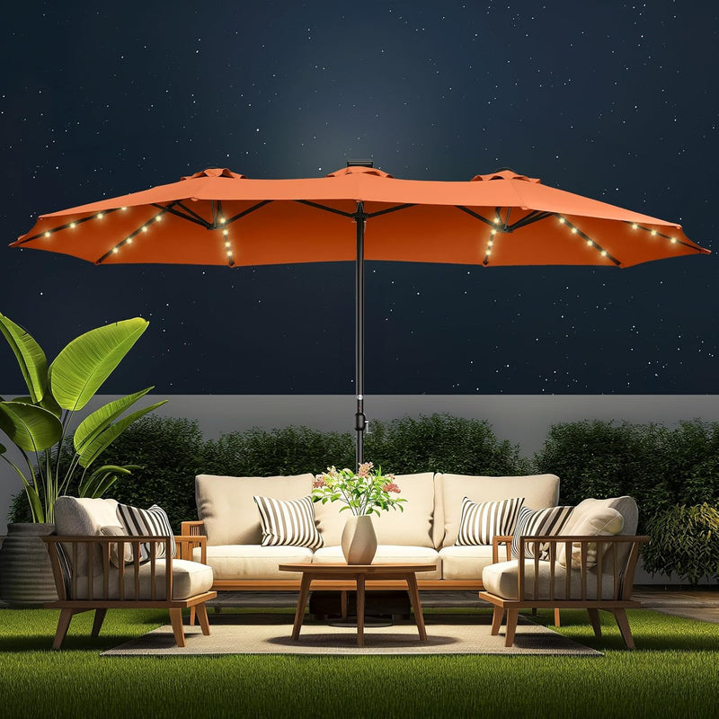Double Sided Patio Umbrellas - 15ft Solar Lights LED Lighted Outdoor Extra Large Market Table Umbrella with Base Included, Oversized Umbrella for Deck, Pool, Backyard (Beige) L1