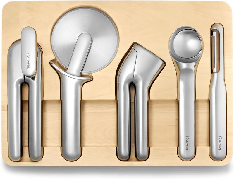 Kitchen Tool Set - Five-piece essential kitchen items - Made of stainless steel - Includes can opener, pizza cutter, garlic press, ice cream scoop, vegetable peeler and storage organizer box T3