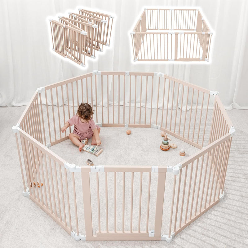 Baby Playpen & Gate - 144 x 144 x 63 cm, Extends Up to 579 cm - Pine Wood Foldable Playpen with Child-Proof Lock - Safe Play Fence Easy Assembly Baby Play Yard - Light Wood White F3
