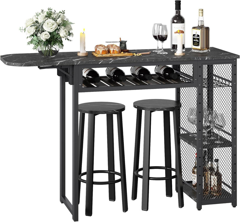 Bar Table and Chair Set, Industrial Expandable Dining Table with 2 Bar Stools, Kitchen Counter with Wine Rack & 3 Tier Adjustable Storage Shelves Rustic Brown O7