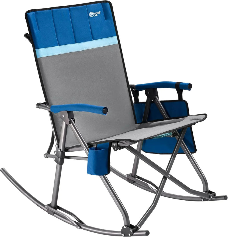 Large-sized foldable rocking chair-style camping chair. Portable outdoor rocking chair, equipped with a high back and sturdy armrests. The carrying bag can bear a weight of 300 pounds. The back of the seat has padding. The color is blue. E1