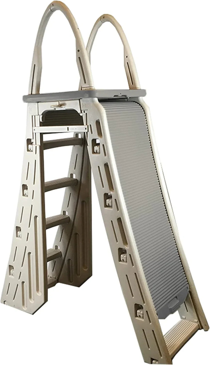 Confer Plastics 7200 Roll Guard 48" to 56" Adjustable A Frame Safety Ladder for Above Ground Outdoor Patio Swimming Pool Platform Ladder with Step Barrier, Warm Grey… A5