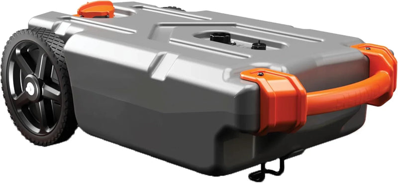 28-gallon portable camping vehicle/rv travel tank | Equipped with 2 controllable non-flat-front wheels and built-in valve | Includes detachable 24-inch tow bar, 3-foot sewage hose and other RV accessories I3
