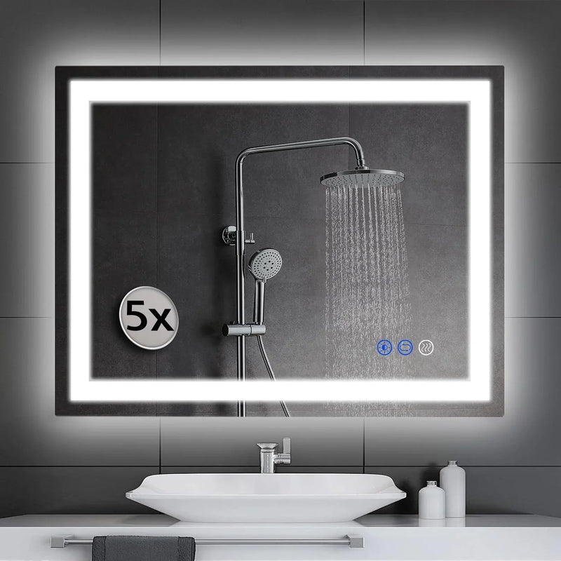 LED wall-mounted makeup mirror with lights - suitable for wall-mounted large makeup tables. Features intelligent touch buttons, anti-fog, water resistance, adjustable dimming, color adjustment, and magnifying glass function. X4