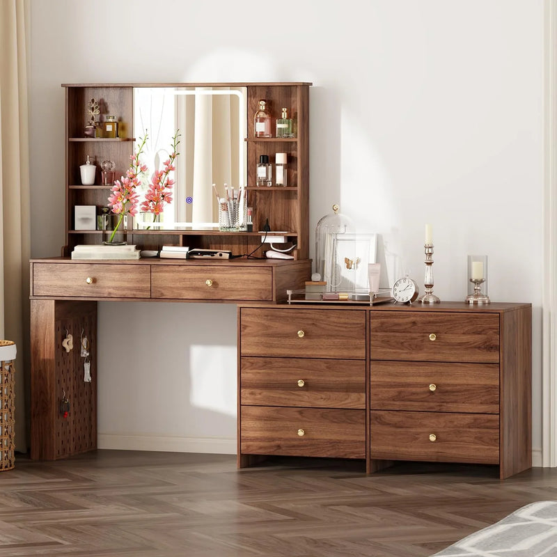 Makeup Vanity Desk with Mirror and Lights, Vanity Desk with 8 Drawers & Storage Shelves, Vanity Table with Power Outlet, 3 Color Modes & Adjustable Brightness Dressing Table, Bedroom,White2 H1