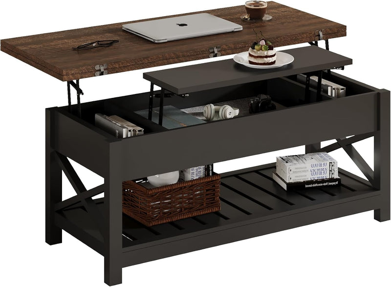 Multi-Function Convertible Coffee Table with Storage and Hidden Compartment, Converts to Dining Table, 40 White & Brown K2
