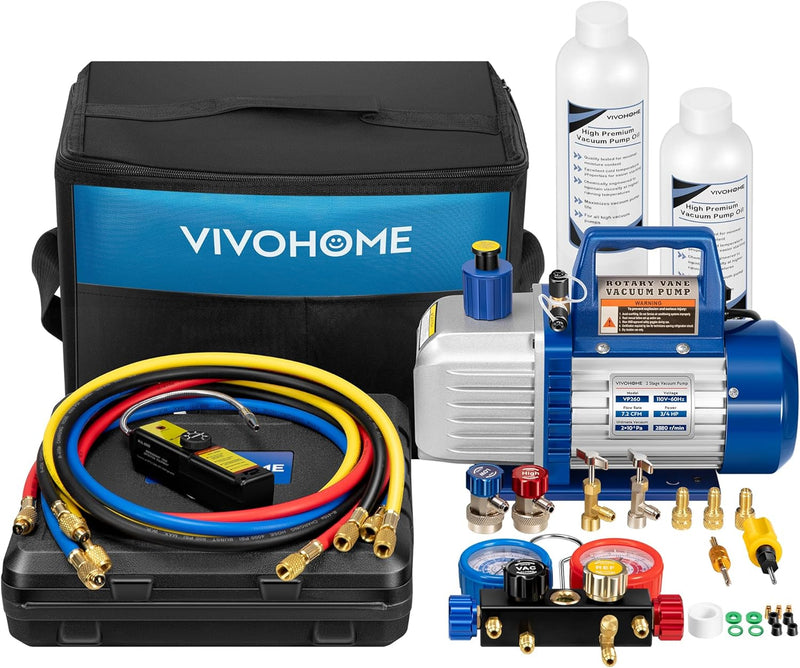 110V 1/4 HP 3.5CFM Single Stage Rotary Vane Air Vacuum Pump and AC Manifold Gauge Set Kit with Thermometer for R134a R12 R22 R502 R410a HVAC Air Conditioning Refrigeration Recharging Red N5
