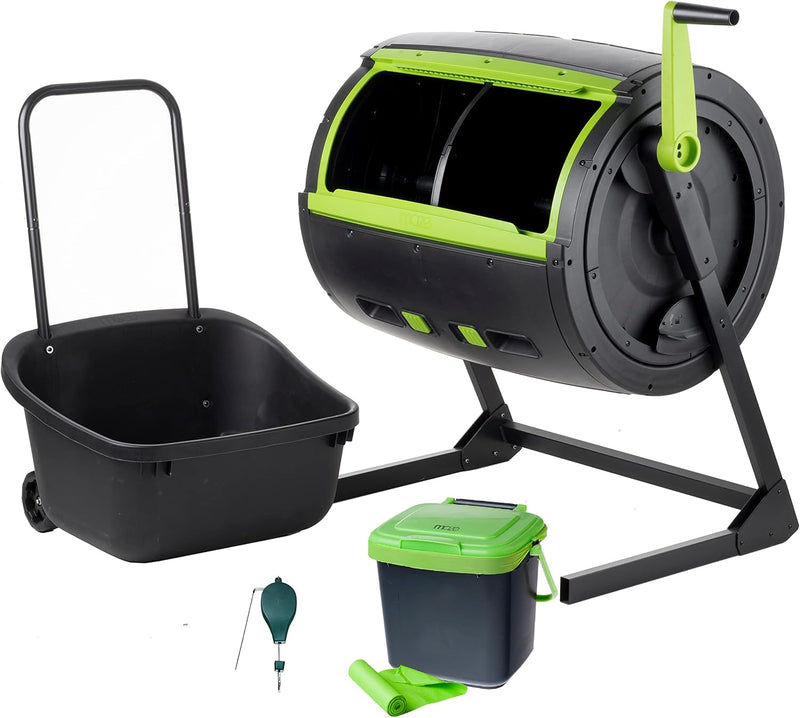 Two 65-gallon two-stage composting drums, equipped with large double doors and an open frame, are also provided along with a maze-style compost cart, a 1.85-gallon kitchen trolley-style compost bin, three rolls of corn bags, and a retractable plant t U5