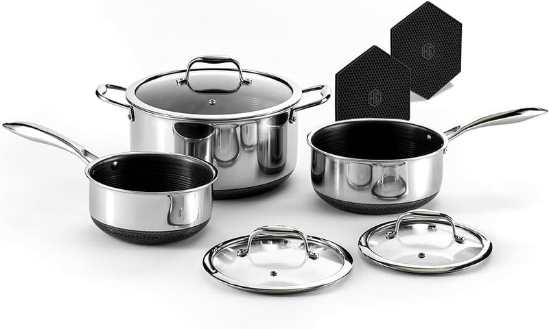 Hybrid Nonstick 6-Piece Pot Set with 2 Silicone Trivets, 2, 3, and 8-Quart Pots with Tempered Glass Lids, Stay-Cool Handles, Dishwasher-Friendly, Induction-Ready, Compatible with All Cooktops V7