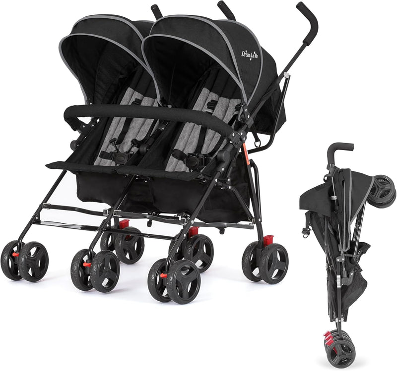 Twin Umbrella Stroller in Black, Lightweight Double Stroller for Infant & Toddler, Compact Easy Fold, Large Storage Basket, Large and Adjustable Canopy Q1
