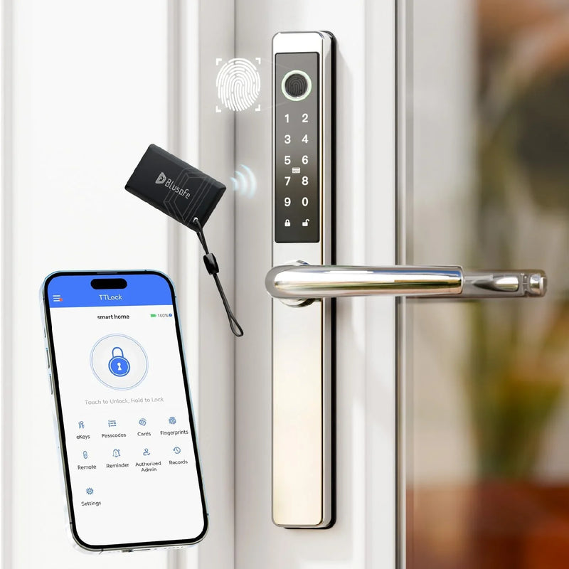 Smart Lock Fingerprint Door Lock with IC Card & App Control, Keyless Entry Smart Door Lock for 40–75mm Doors, Multipoint Locking System Door Lock Apply toWooden/Metal/PVC Door (OS Frosted Silver) H4