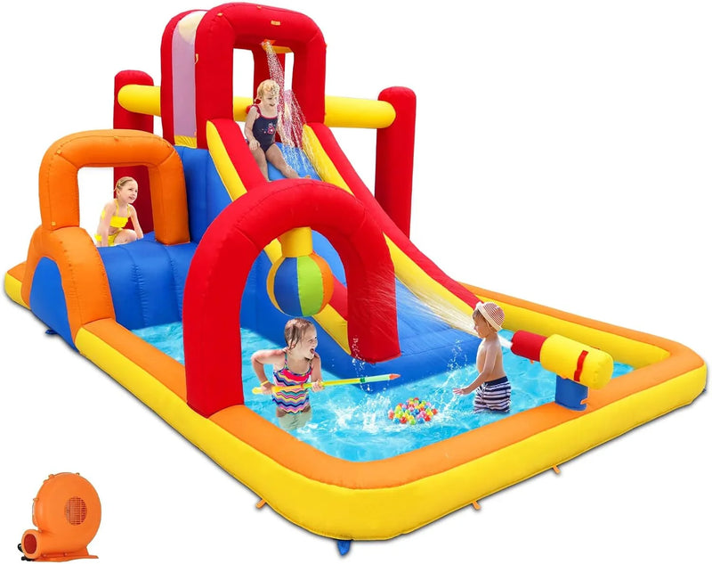 Inflatable Water Slide, 10 in 1 Water Park Bounce House with Blower, Splash Pool, 2 Slides, Water Cannon, Climbing Wall, Blow up Water Slides for Kids Outdoor Backyard X4