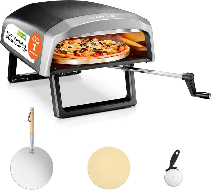 Outdoor pizza oven, equipped with 360-degree rotating pizza stone | Adjustable temperature control | Includes pizza shovel, pizza knife, stone, lid and hose | Can bake a 12-inch pizza in 60 seconds | 32.9 x 16.1 x 12.4 inches C1