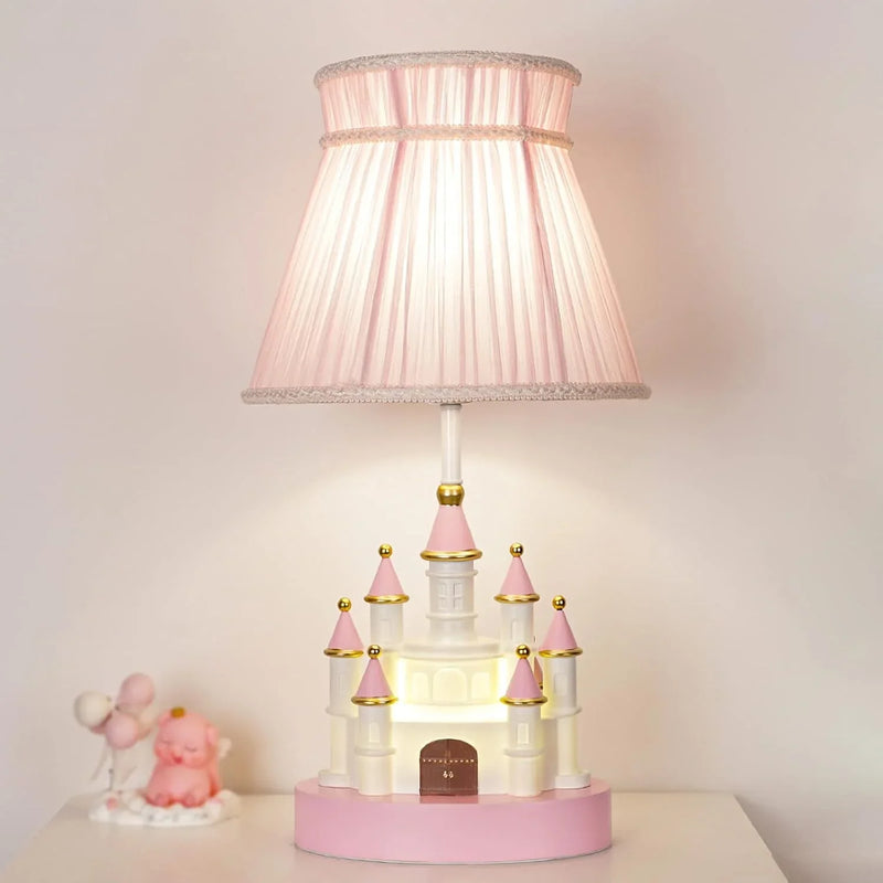 Cartoon children's table. Light pink bedside table. Princess-style cute castle-shaped resin material lamp for girls' bedroom and living room, with fabric shade cover. Z6
