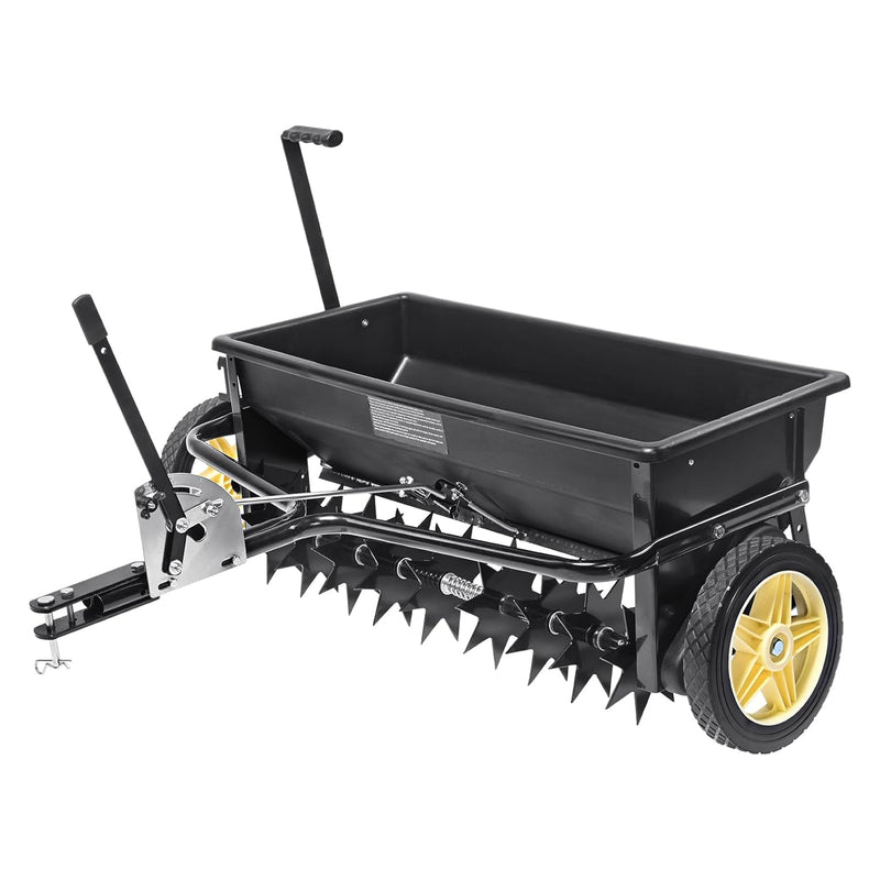 Broadcast seeder, 100-pound tractor-mounted rear polyethylene seeder with 10-inch wheels, equipped with a steel spike weeder, fertilizer spreader, garden seeder and salt spreader, suitable for residences, farms, rough terrain, and black pavement. A2