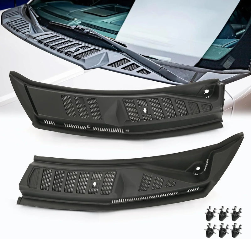 The front windshield wiper cover panel grille is compatible with the 2009 - 2014 models of Ford F150. It features two front insert panels on both the left and right sides. W2