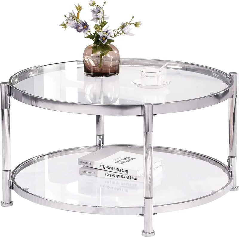 A round coffee table with a metal frame, the surface is made of chrome-plated acrylic glass. R6