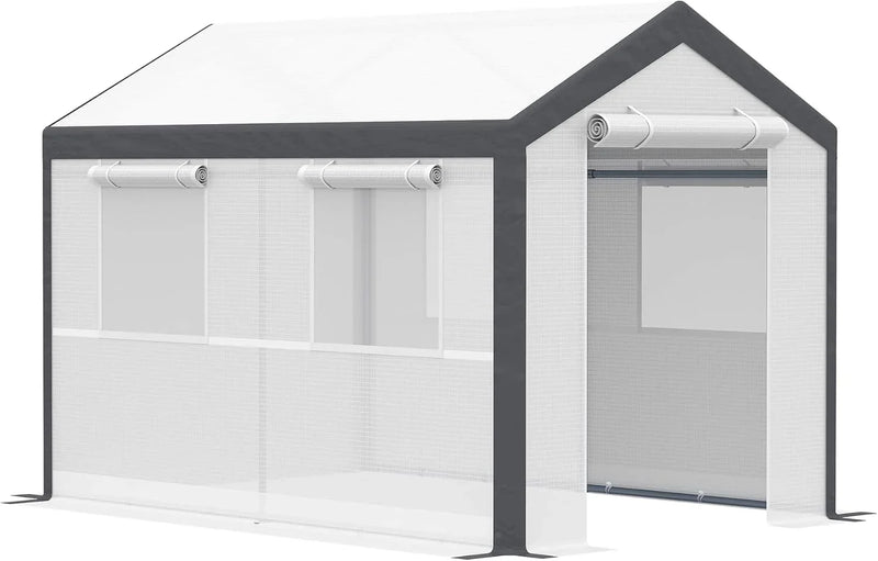 A 20-foot x 10-foot x 9-foot walk-in green house with an outdoor garden greenhouse, equipped with 6 roll-up windows, 2 zipper doors and a rain cover, in white color. D3