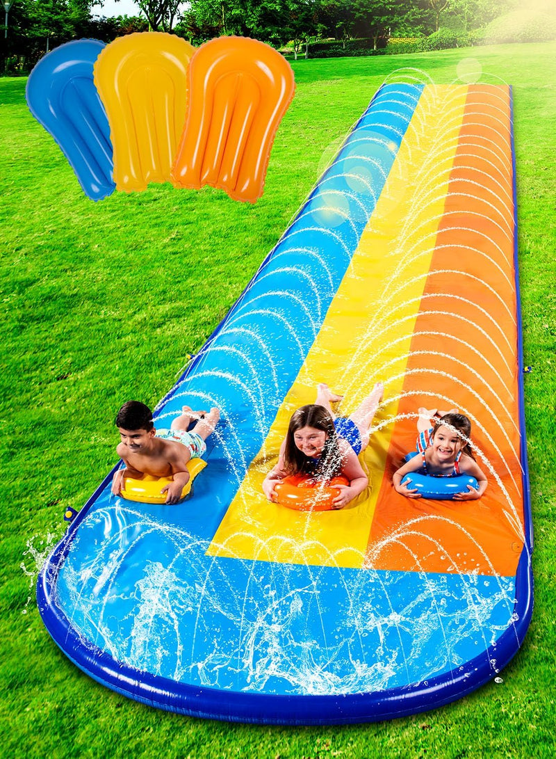 Sloosh Triple Water Slide with 3 BodyBoards, 22.5FT Lawn Water Splash Slip and Slide Summer Toy Splash Pad with Build in Advanced Sprinkler for Kids Adults Backyard Summer Water Fun J7