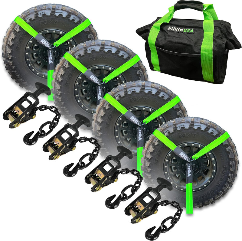 Car Tie Down Straps for Trailers with Flat Hooks (4-Pack) - 2 Inch x 8 Feet (10,000lb Break Strength) - Heavy Duty T-Handle Car Lasso Tire Straps for Trailer & UTV - Black V7
