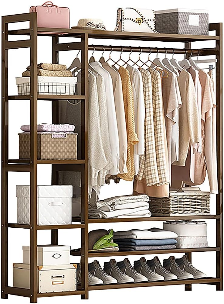 Floor-Standing Solid Wood Rotating Coat Rack，Portable Bamboo Clothes Rack - Versatile Closet Organizer with Storage Shelves and Compartments for Bedroom, Entryway, or Living Room - Stylish a O8