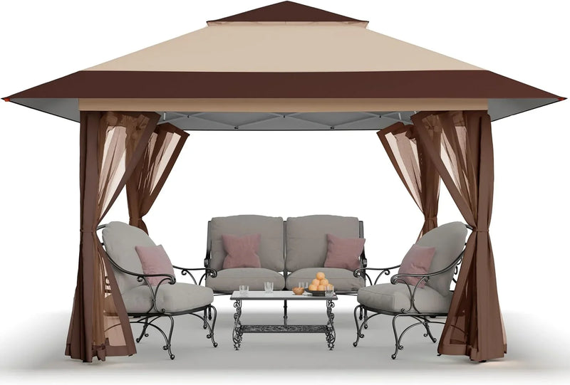 CROWN SHADES 13x13 Pop Up Gazebo, Canopy Tent, Gazebos on Clearance - Outdoor Gazebo for Backyard & Patio Furniture - Carpa Pop Up Tent with Wheeled STO-N-Go Cover Bag (Beige & Coffee) P5