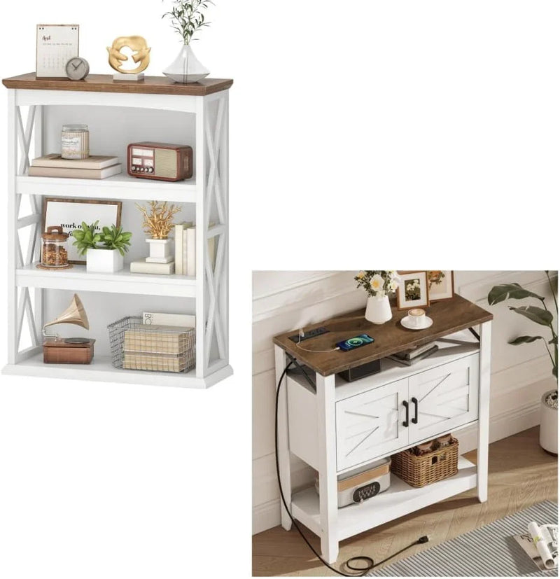 Farmhouse Sofa Table with Power Outlet-4-Tier Bookcase, 42.9" Floor Standing Organizer Shelf B8