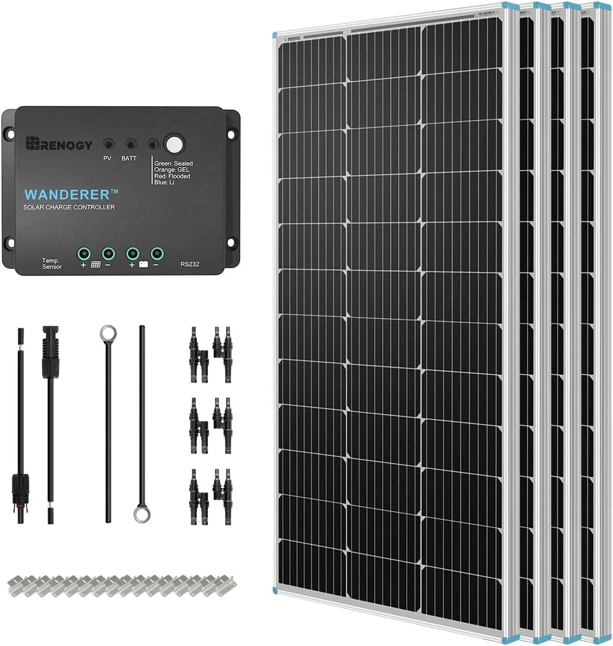 400 Watt 12 Volt Premium 4 Pcs 100W Panel 40A MPPT Charge Controller Bluetooth Module Fuse Mounting Z Brackets Adaptor Kit Tray Cables Set, 400W, Grid 12V Solar Power System