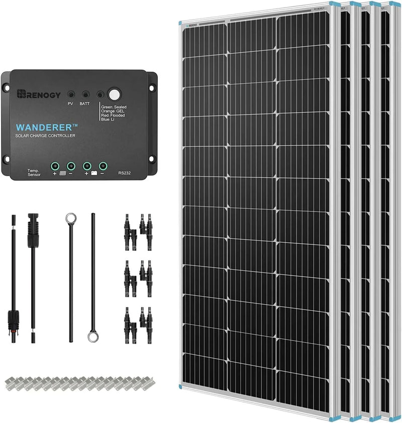 400 Watt 12 Volt Premium 4 Pcs 100W Panel 40A MPPT Charge Controller Bluetooth Module Fuse Mounting Z Brackets Adaptor Kit Tray Cables Set, 400W, Grid 12V Solar Power System Q2