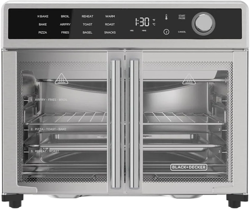 Fryer Toaster Oven Combo, 12 in 1 Countertop Convection Oven Cooks Food Fast, Fits a Whole Pizza or 6 Toast Slices, French Doors with Stainless Steel Finish O6