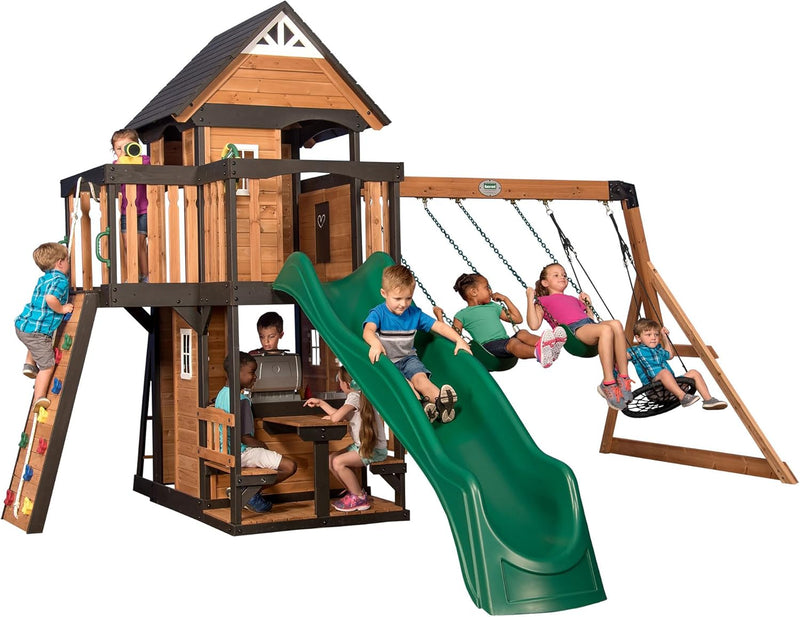 Gorge Creek Pure Pine Swing Set, Playhouse with Barbecue Grill, Plastic Utensils, Picnic Area, Steering Wheel, Double-Padded Swing, Rock Climbing Wall, Balcony, Terrace, Mesh Swing (Green Slide) C0
