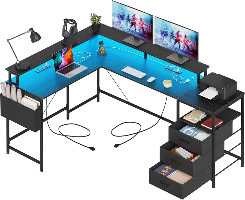3 Drawers L Shaped Desk 63 Inch, 2 Power Strips (6 AC) and LED, Large Gaming Desk & 2 Monitor Stands, L Shape Computer Desk, Stable and Sturdy Home Office Desk, Fabric Drawers, Black X7