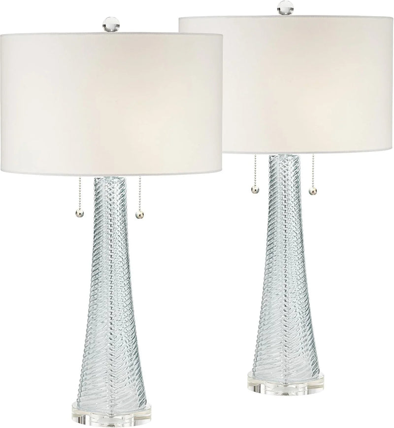 Modern desk lamp, 28.5 inches high, 2 sets. Features a sky-blue textured glass lampshade and a white cylindrical lampshade with a vortex pattern. Suitable for living room, bedroom, bedside table, night light, office, and home use. X8