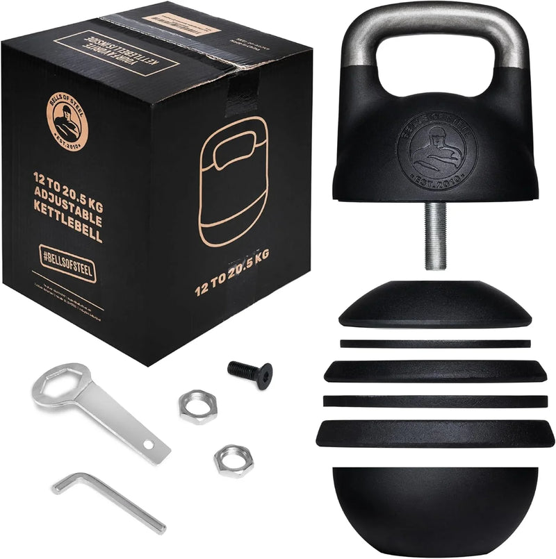 Adjustable Kettlebell Set [Bells of Steel] Kettle Bell Weight Set, Steel Shell, Internally-Loaded for Full Body Workouts, Competition Standard 35mm Handle, 12-20.5kg D2