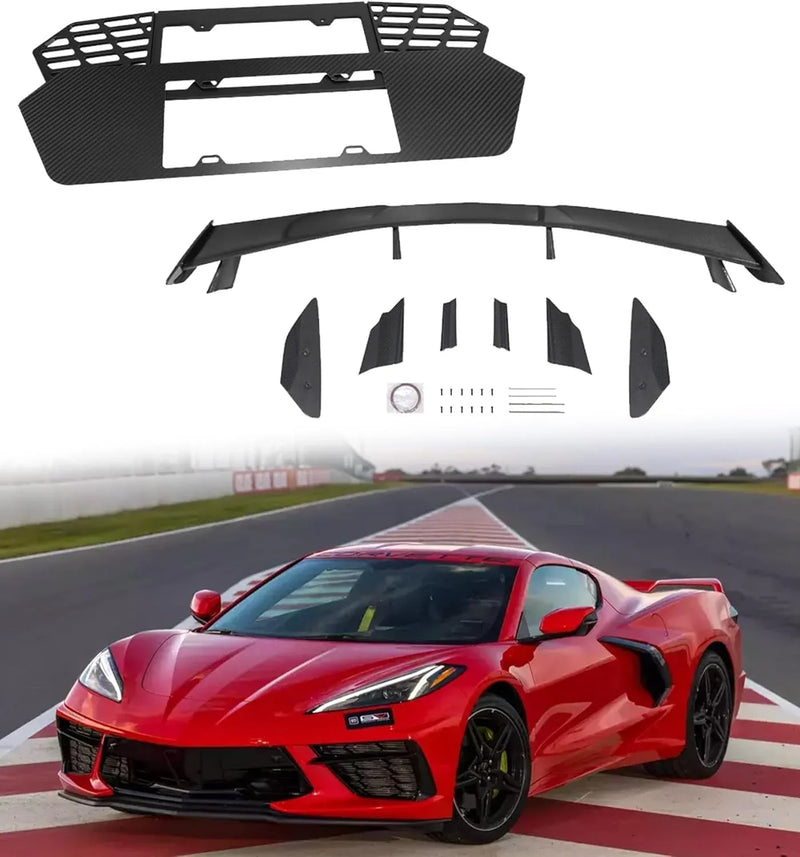 Bundled Items of C8 License Plate Frame and C8 High Wing Spoiler Fit for Corvette C8 2020-2025 Stingray Z51 2020-2025 O8