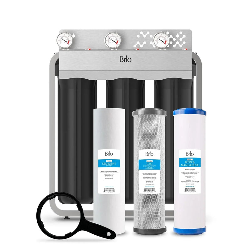 Whole-house filtration system, designed to remove iron and manganese, with a flow rate of 900 gallons per minute, dimensions of 4.5 inches x 20 inches, featuring a built-in sediment filter, activated carbon filter and iron/manganese filter, with a li H7