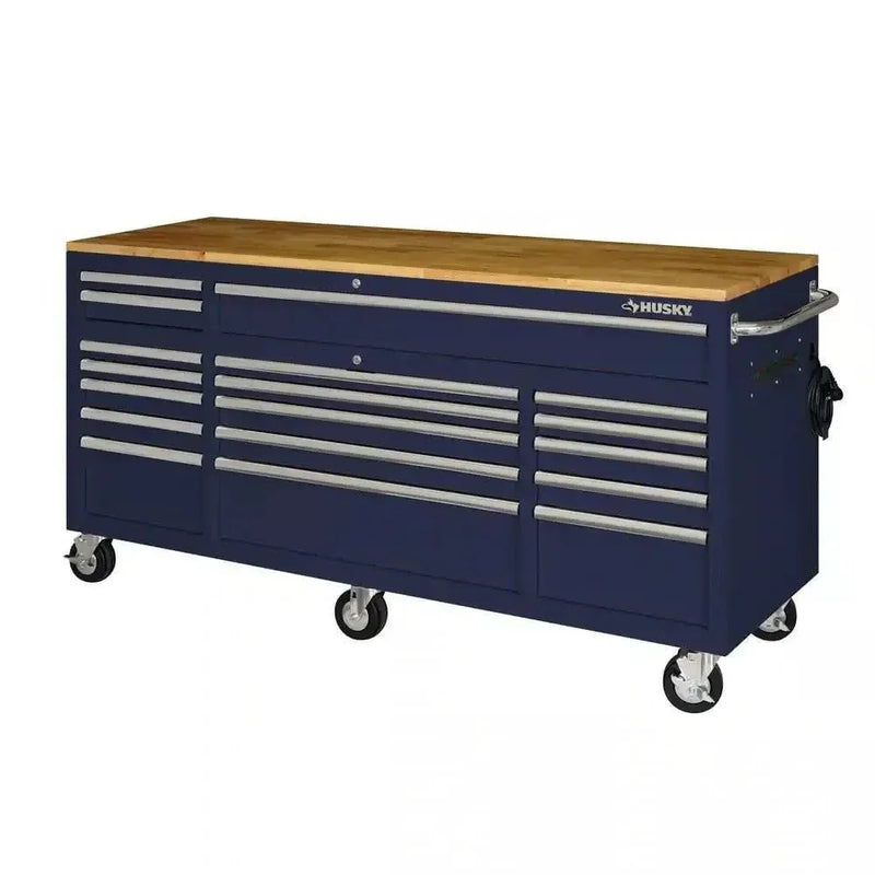 Husky 72 in. 18-Drawer Mobile Workbench with Solid Wood Top in Gloss Blue W9