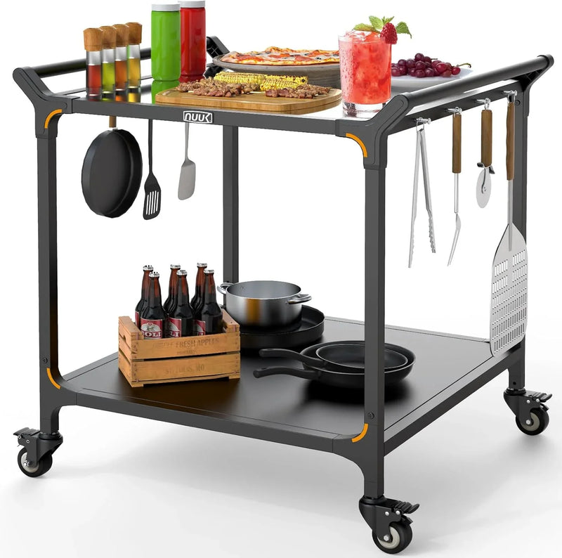 Outdoor barbecue food truck, 32" x 32" stainless steel pizza oven table, mobile barbecue kitchen food preparation cart with double-tiered shelves, suitable for garden patios I6