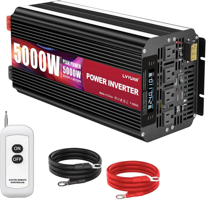 5000 Watt Power Inverter 12V to 110V 120V for Vehicle, Solar Inverter System, Heavy Duty, RV, Truck, Off Grid,Camping with 4 AC Outlets, LCD Display, Wireless Remote Control, Car Power Inverter X0