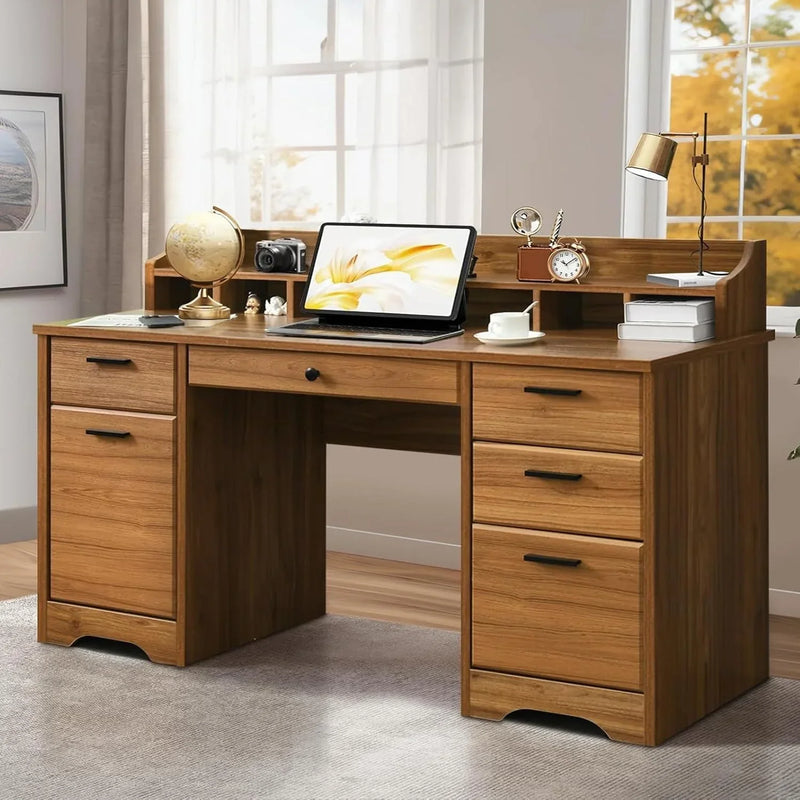 Executive Desk with Drawers, 58 Inch Desk with Storage, Wood Executive Desk with 6 Drawers, Study Desk for Bedroom, Business Furniture Desk with File Cabinet, Vintage Brown T4